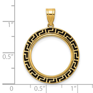 14k Yellow Gold Polished and Black Enamel Greek Key with 18.0mm Prong Coin Bezel Pendan - Fits 1/10 oz Cat, 1/10 oz Panda, and US Dime