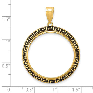 14k Yellow Gold Polished and Black Enamel Greek Key with 27.0mm Prong Coin Bezel Pendan