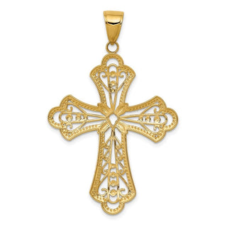 14k Yellow Gold and Rhodium Diamond-Cut Filigree Cut-Out Cross Pendant