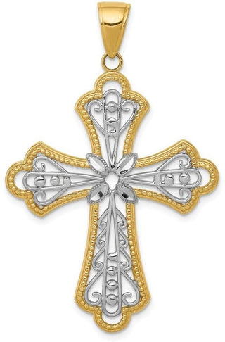 14k Yellow Gold and Rhodium Diamond-Cut Filigree Cut-Out Cross Pendant