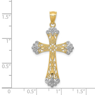 14k Yellow Gold and Rhodium Diamond-Cut Cross Pendant C4299