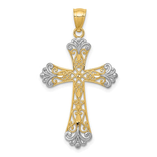 14k Yellow Gold and Rhodium Diamond-Cut Cross Pendant C4299