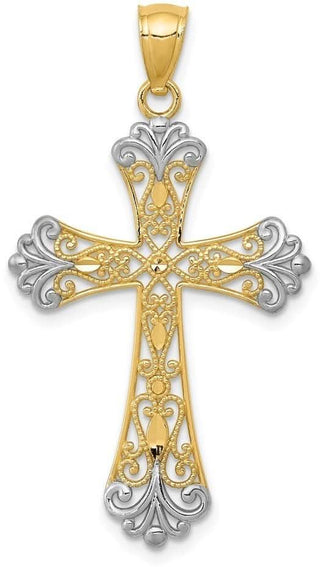14k Yellow Gold and Rhodium Diamond-Cut Cross Pendant C4299