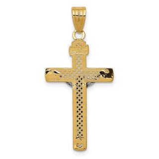 14k Yellow Gold 2-Tone Diamond-Cut Medium Block Lattice Cross w Crucifix Pendant