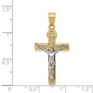 14k Yellow Gold 2-Tone Diamond-Cut Medium Block Lattice Cross w Crucifix Pendant