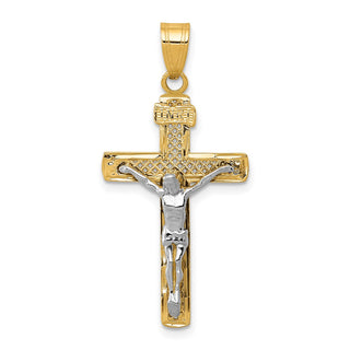 14k Yellow Gold 2-Tone Diamond-Cut Medium Block Lattice Cross w Crucifix Pendant