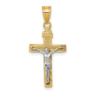 14k Yellow Gold Two-Tone Diamond-Cut Small Block Lattice Cross Crucifix Pendant