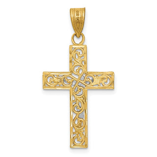 14k Yellow Gold 2-Tone Diamond-Cut Small Block Filigree Cross w Crucifix Pendant