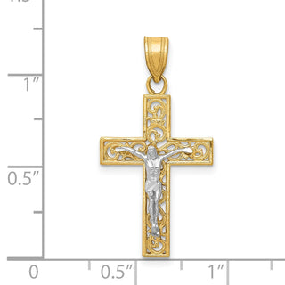 14k Yellow Gold 2-Tone Diamond-Cut Small Block Filigree Cross w Crucifix Pendant