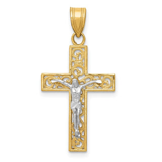 14k Yellow Gold 2-Tone Diamond-Cut Small Block Filigree Cross w Crucifix Pendant