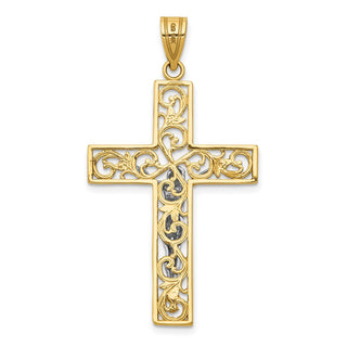 14k Yellow Gold 2-Tone Diamond-Cut Large Block Filigree Cross w Crucifix Pendant