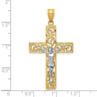 14k Yellow Gold 2-Tone Diamond-Cut Large Block Filigree Cross w Crucifix Pendant