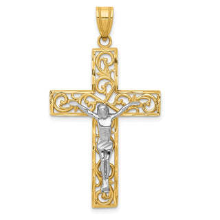 14k Yellow Gold 2-Tone Diamond-Cut Large Block Filigree Cross w Crucifix Pendant