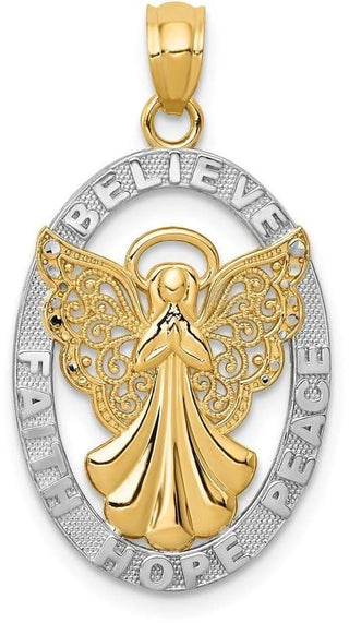 14k Yellow Gold And Rhodium Believe/Peace/Faith/Hope Angel Pendant