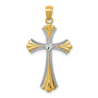 14k Yellow Gold and Rhodium Diamond-Cut Cross Pendant C4480