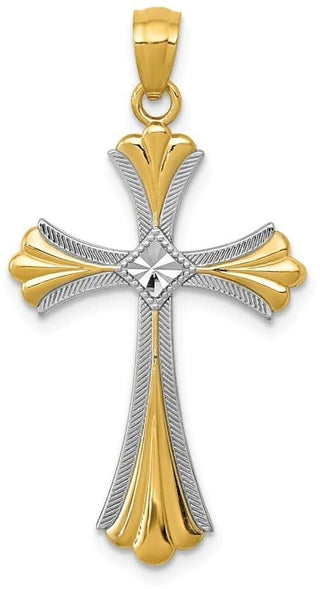 14k Yellow Gold and Rhodium Diamond-Cut Cross Pendant C4480