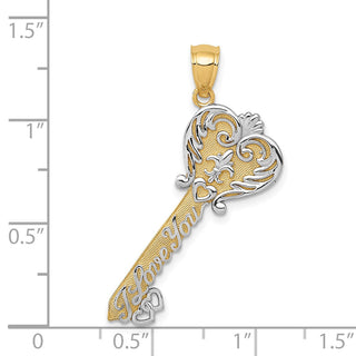 14k Yellow Gold and White Rhodium Polished I Love You Filigree Heart Key Pendant