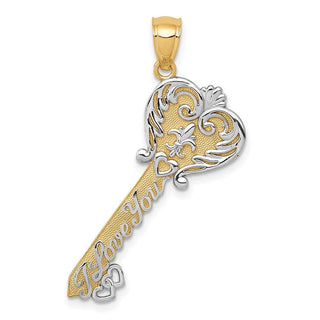 14k Yellow Gold and White Rhodium Polished I Love You Filigree Heart Key Pendant