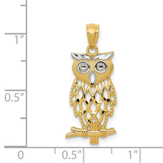 Mens 14k Yellow Gold Rhodium Plated Diamond-Cut Owl Pendant