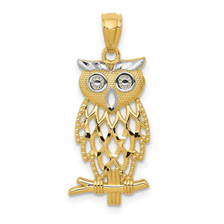Mens 14k Yellow Gold Rhodium Plated Diamond-Cut Owl Pendant