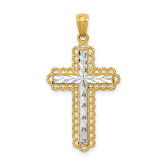 14k Yellow Gold Rhodium Plated Diamond-Cut Cross Pendant