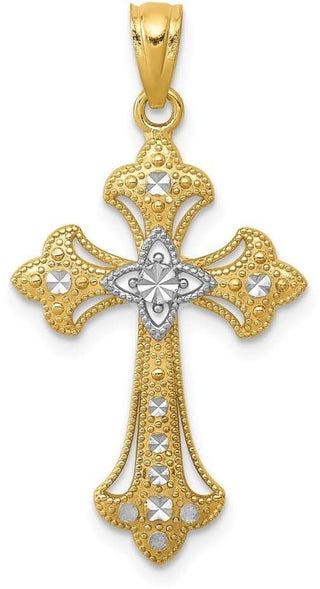 14k Yellow Gold and Rhodium Diamond-Cut Cross Pendant C4511