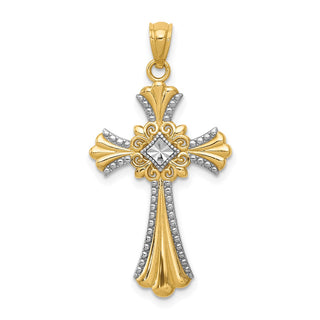 14k Yellow Gold and Rhodium Diamond-Cut Cross Pendant C4515
