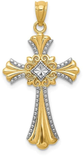 14k Yellow Gold and Rhodium Diamond-Cut Cross Pendant C4515