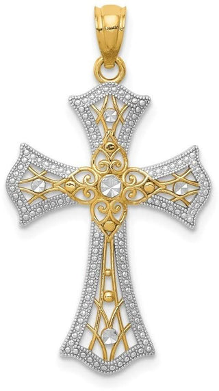 14k Yellow Gold and Rhodium Diamond-Cut Cross Pendant C4516