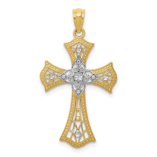 14k Yellow Gold and Rhodium Diamond-Cut Cross Pendant C4517