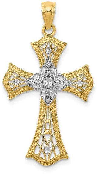14k Yellow Gold and Rhodium Diamond-Cut Cross Pendant C4517