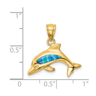 14k Yellow Gold Lab Created Opal Dolphin Pendant
