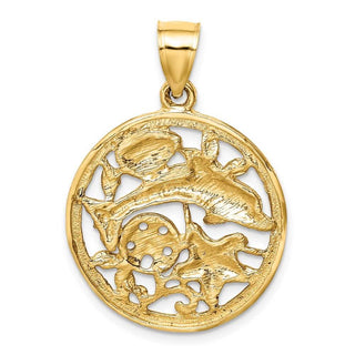 14k Yellow Gold Framed Diamond-cut Dolphin and Shells Pendant