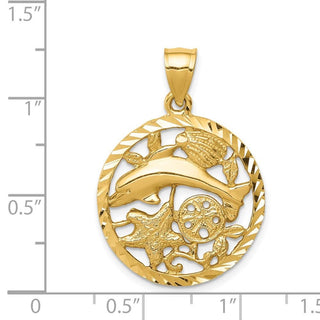14k Yellow Gold Framed Diamond-cut Dolphin and Shells Pendant