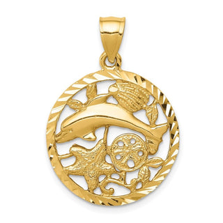 14k Yellow Gold Framed Diamond-cut Dolphin and Shells Pendant