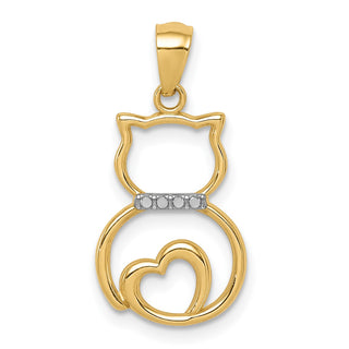 14k Yellow Gold And Rhodium Diamond-Cut Sitting Cat Pendant