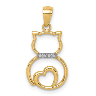 14k Yellow Gold And Rhodium Diamond-Cut Sitting Cat Pendant