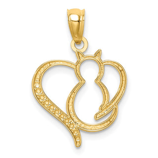 14k Yellow Gold And Rhodium Sitting Cat In A Heart Pendant