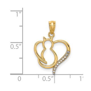 14k Yellow Gold And Rhodium Sitting Cat In A Heart Pendant