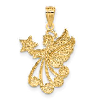 14k Yellow Gold w/Rhodium Diamond-cut Angel with a Star Pendant