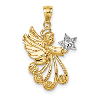 14k Yellow Gold w/Rhodium Diamond-cut Angel with a Star Pendant