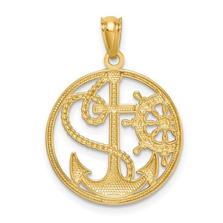 14k Yellow Gold And Rhodium Cross Anchor Captain Wheel Pendant