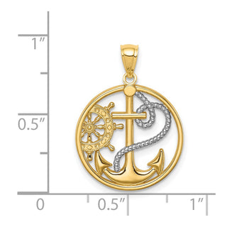 14k Yellow Gold And Rhodium Cross Anchor Captain Wheel Pendant