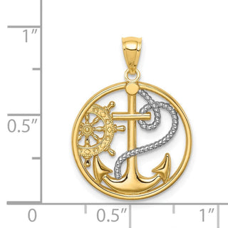 14k Yellow Gold And Rhodium Cross Anchor Captain Wheel Pendant