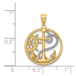 14k Yellow Gold And Rhodium Cross Anchor Captain Wheel Pendant