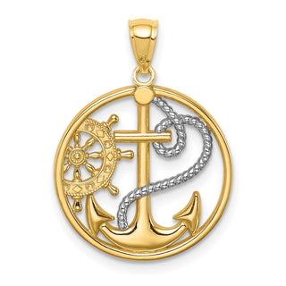 14k Yellow Gold And Rhodium Cross Anchor Captain Wheel Pendant