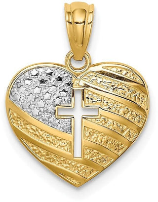 14k Yellow Gold And Rhodium Usa Flag With Cross Heart Pendant