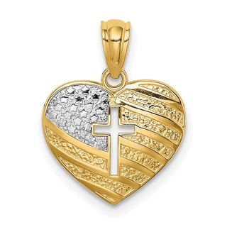 14k Yellow Gold And Rhodium Usa Flag With Cross Heart Pendant