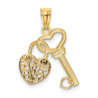 14k Two-tone Gold Polished Filigree Heart Lock and Diamond-cut Key Pendant