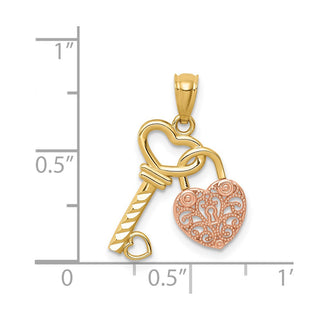 14k Two-tone Gold Polished Filigree Heart Lock and Diamond-cut Key Pendant